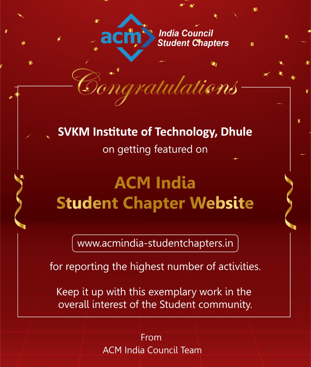 ACM India Student Chapter recognition